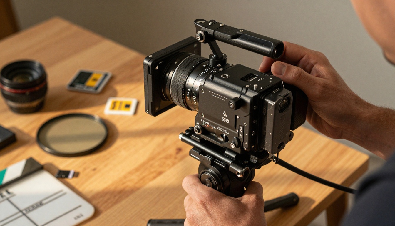 Professional filmmaker hands on a cinema camera gimbal with golden-hour lighting Professional filmmaker hands on a cinema camera gimbal with golden-hour lighting