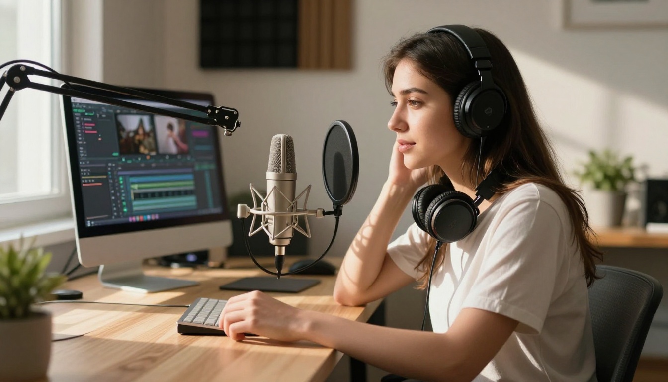 Content creator recording voiceover in professional home studio setup