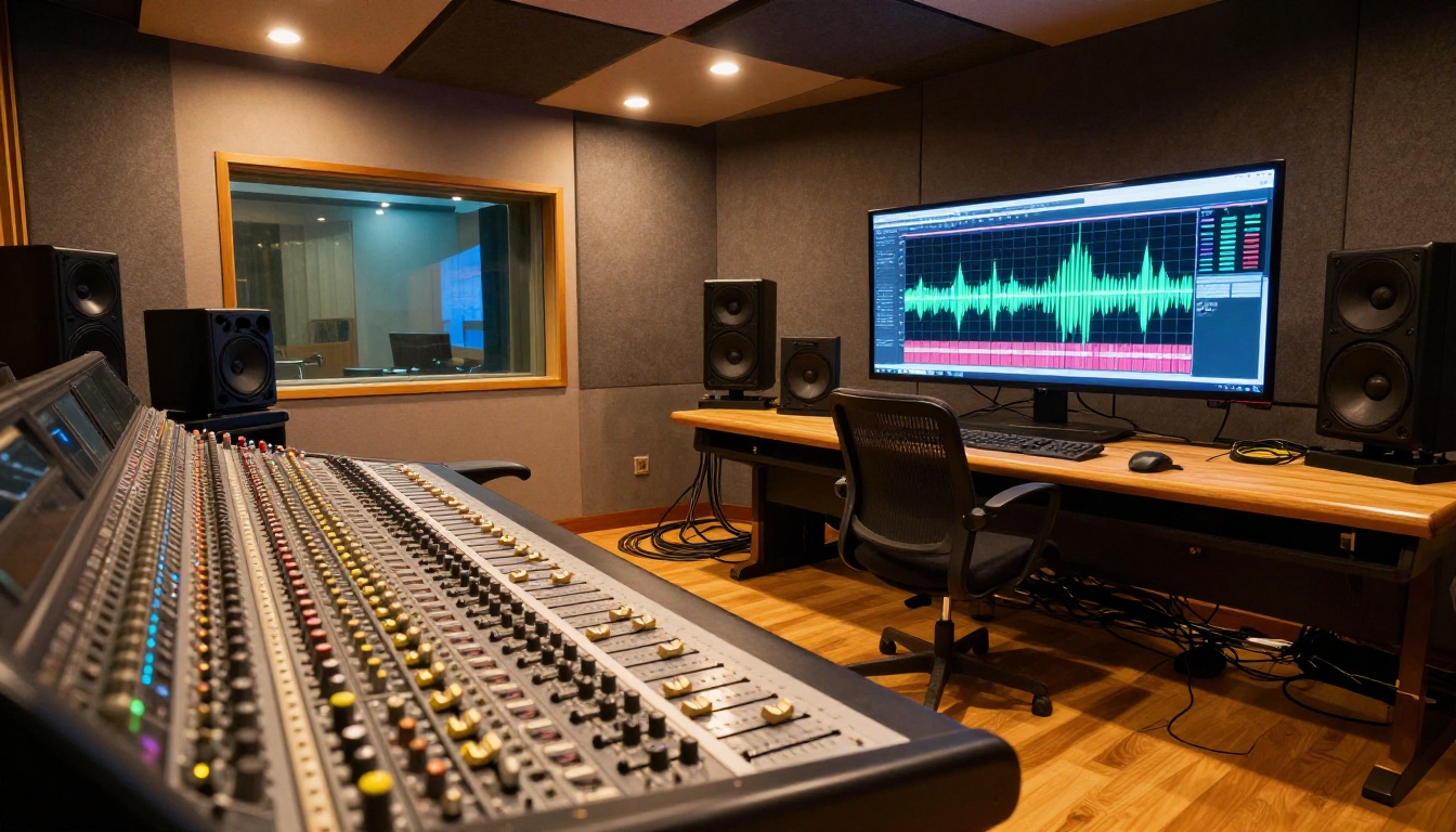 Professional sound recording studio with mixing console and waveform display Professional sound recording studio with mixing console and waveform display