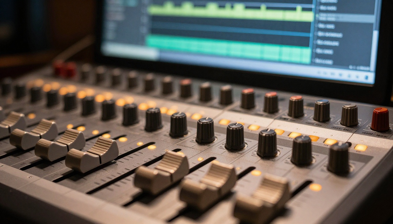Professional audio mixing board with multilingual waveform display