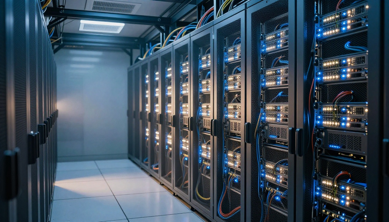 Server room with GPU compute infrastructure for AI video generation Server room with GPU compute infrastructure for AI video generation