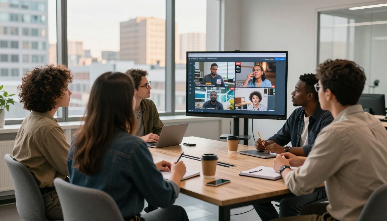 Multicultural creative team reviewing multilingual video content