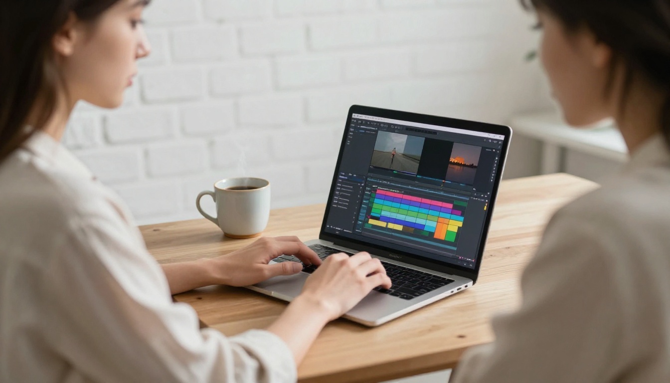 Young woman working at a laptop with video editing software in a minimal home studio Young woman working at a laptop with video editing software in a minimal home studio