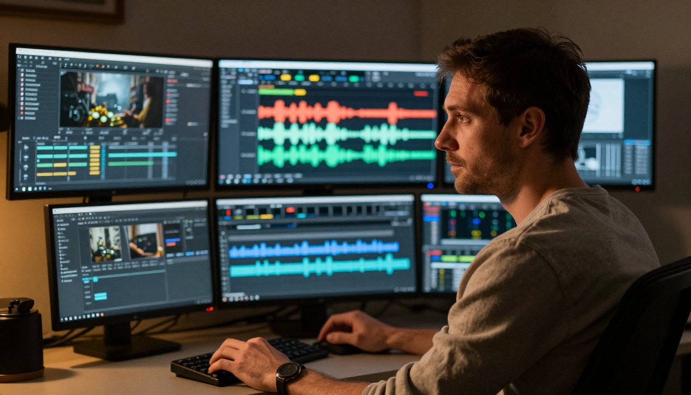Video editor reviewing multilingual audio tracks at professional workstation