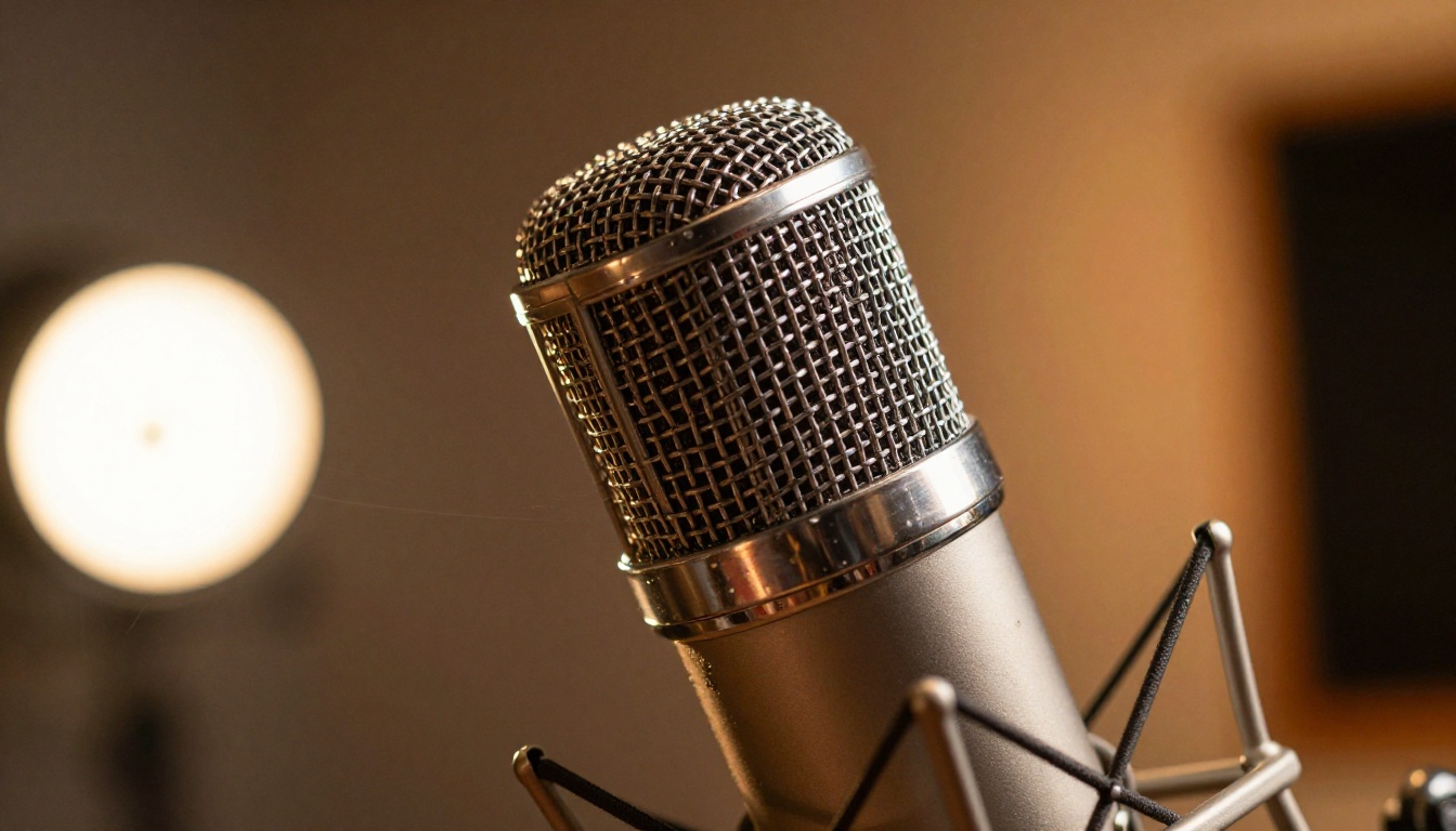 Close-up of professional condenser microphone capturing multilingual speech
