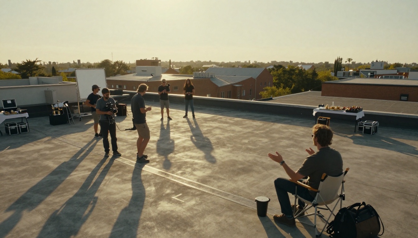 Professional film production crew working on a rooftop set at golden hour Professional film production crew working on a rooftop set at golden hour