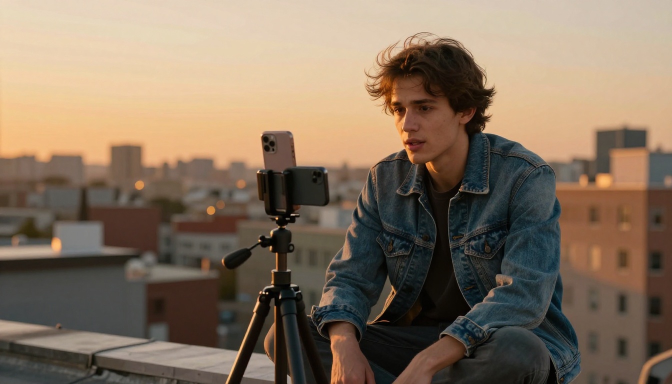 Global content creator filming multilingual video content on rooftop at golden hour