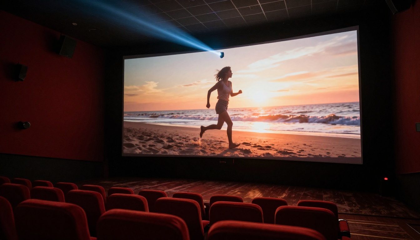 Cinema screening room showing AI video quality on a large screen Cinema screening room showing AI video quality on a large screen