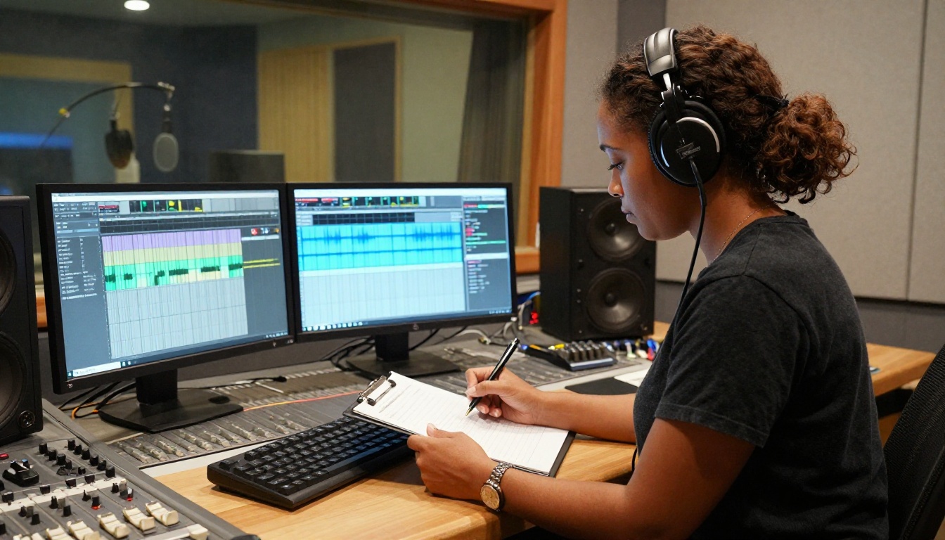 Female audio engineer reviewing multilingual output at professional recording studio