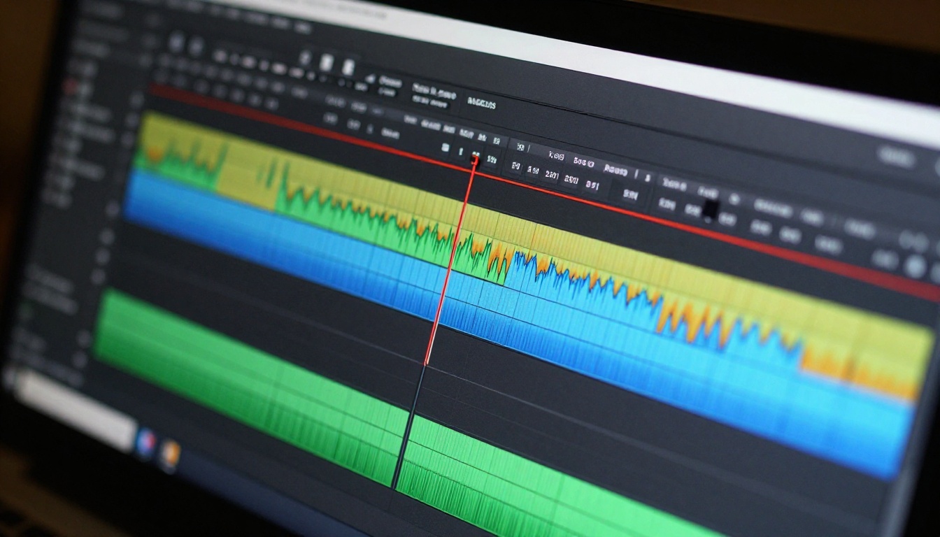 Video editing timeline on a professional monitor showing precise clip organization Video editing timeline on a professional monitor showing precise clip organization