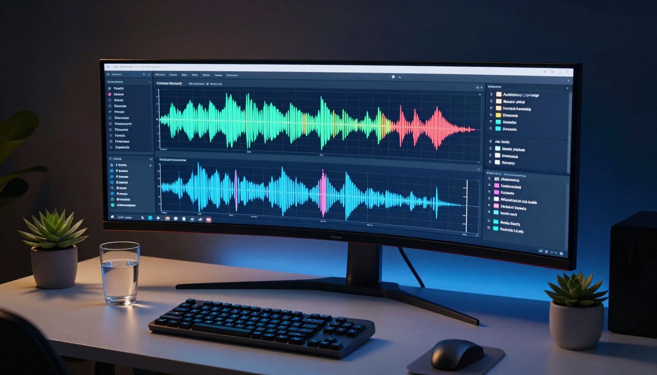 AI multilingual audio generation interface on modern workstation at night