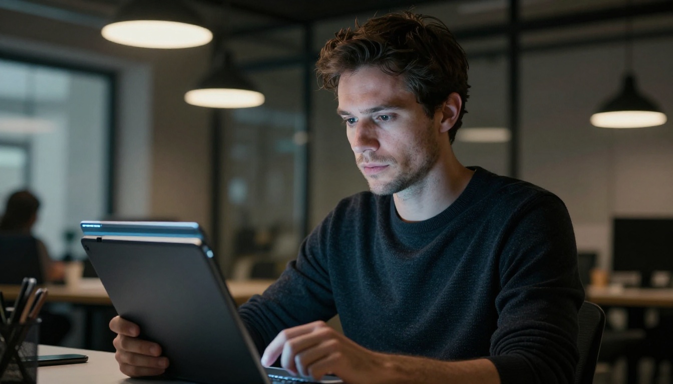 Creative director comparing AI video outputs on two tablets in a studio Creative director comparing AI video outputs on two tablets in a studio