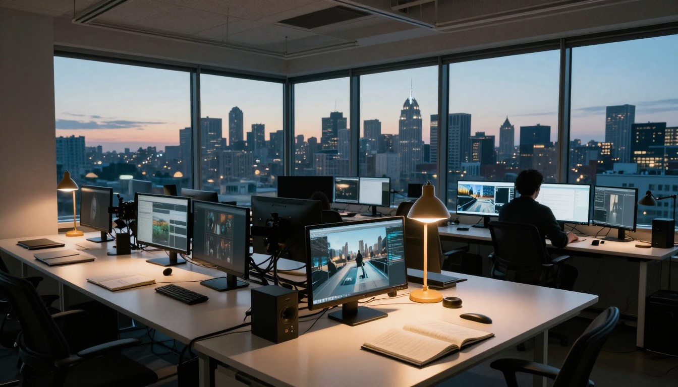 Modern creative studio with panoramic city view at dusk and multiple monitors Modern creative studio with panoramic city view at dusk and multiple monitors