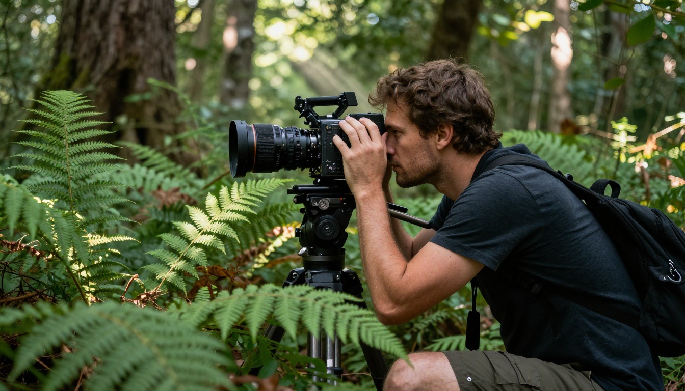 Documentary filmmaker capturing footage in natural forest light