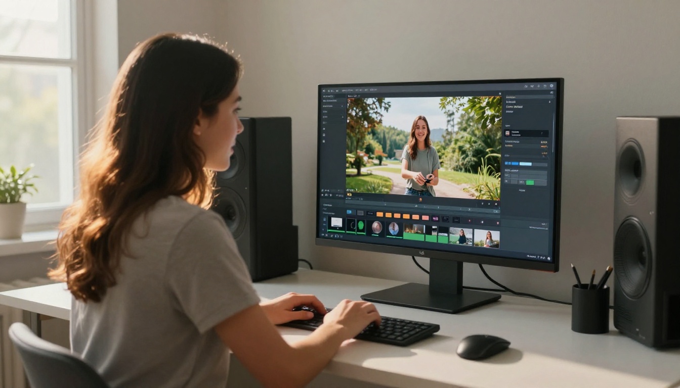 Female content creator reviewing Full HD video on large monitor