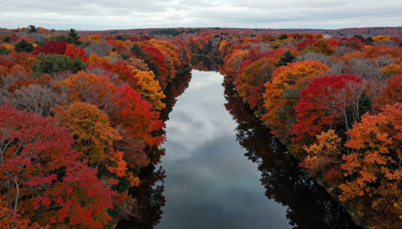 Aerial overhead drone view of autumn river landscape in Full HD