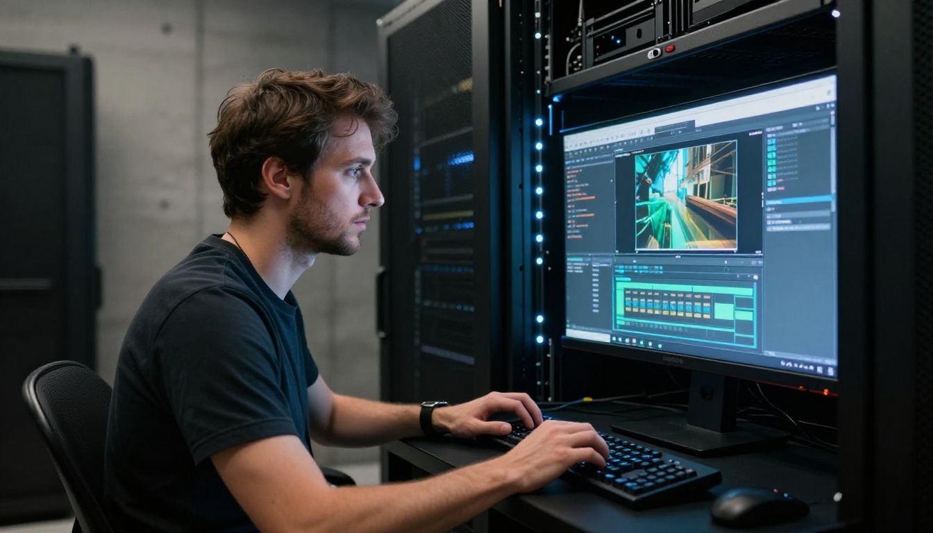 Video production technician at workstation in server room