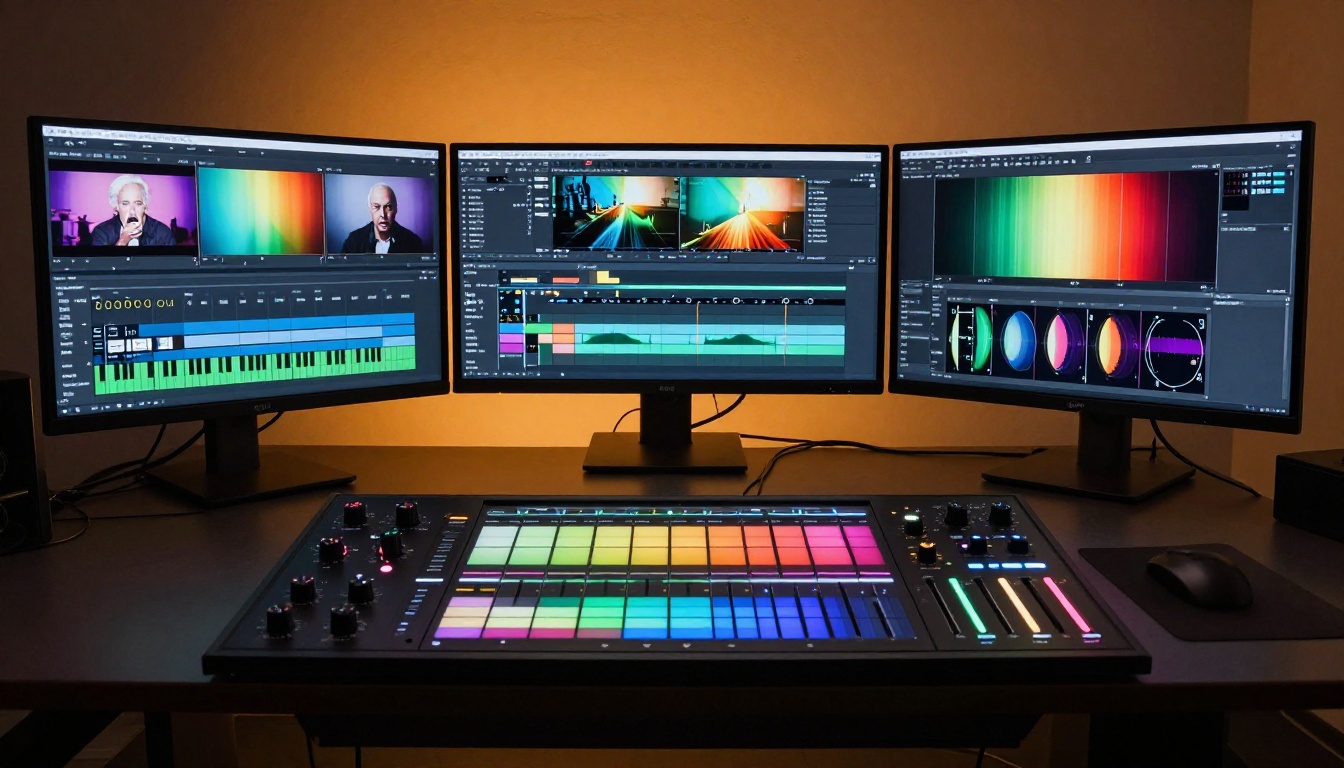 Professional post-production suite with three curved monitors
