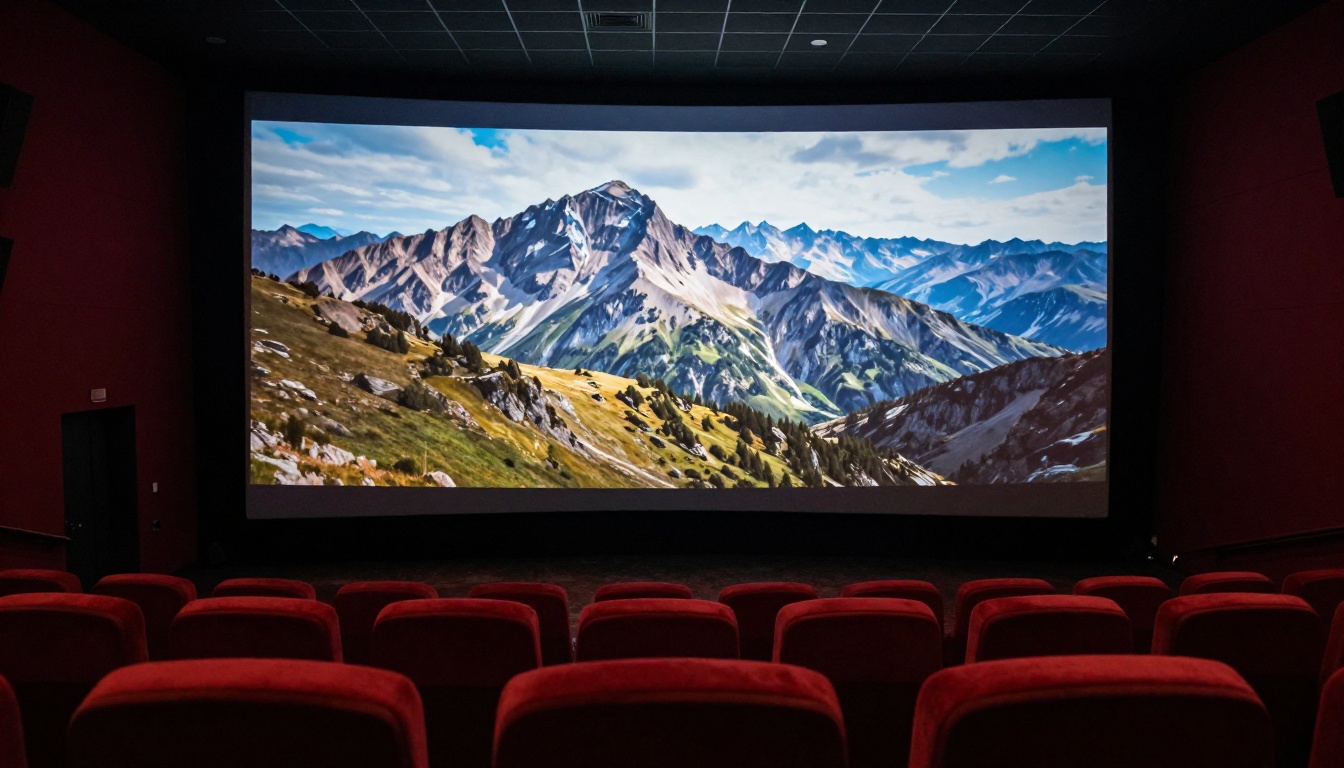Wide shot inside cinema theater with Full HD projection on screen