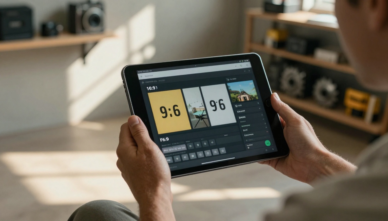 Filmmaker holding a tablet displaying an AI video settings panel with aspect ratio options clearly visible Filmmaker holding a tablet displaying an AI video settings panel with aspect ratio options clearly visible