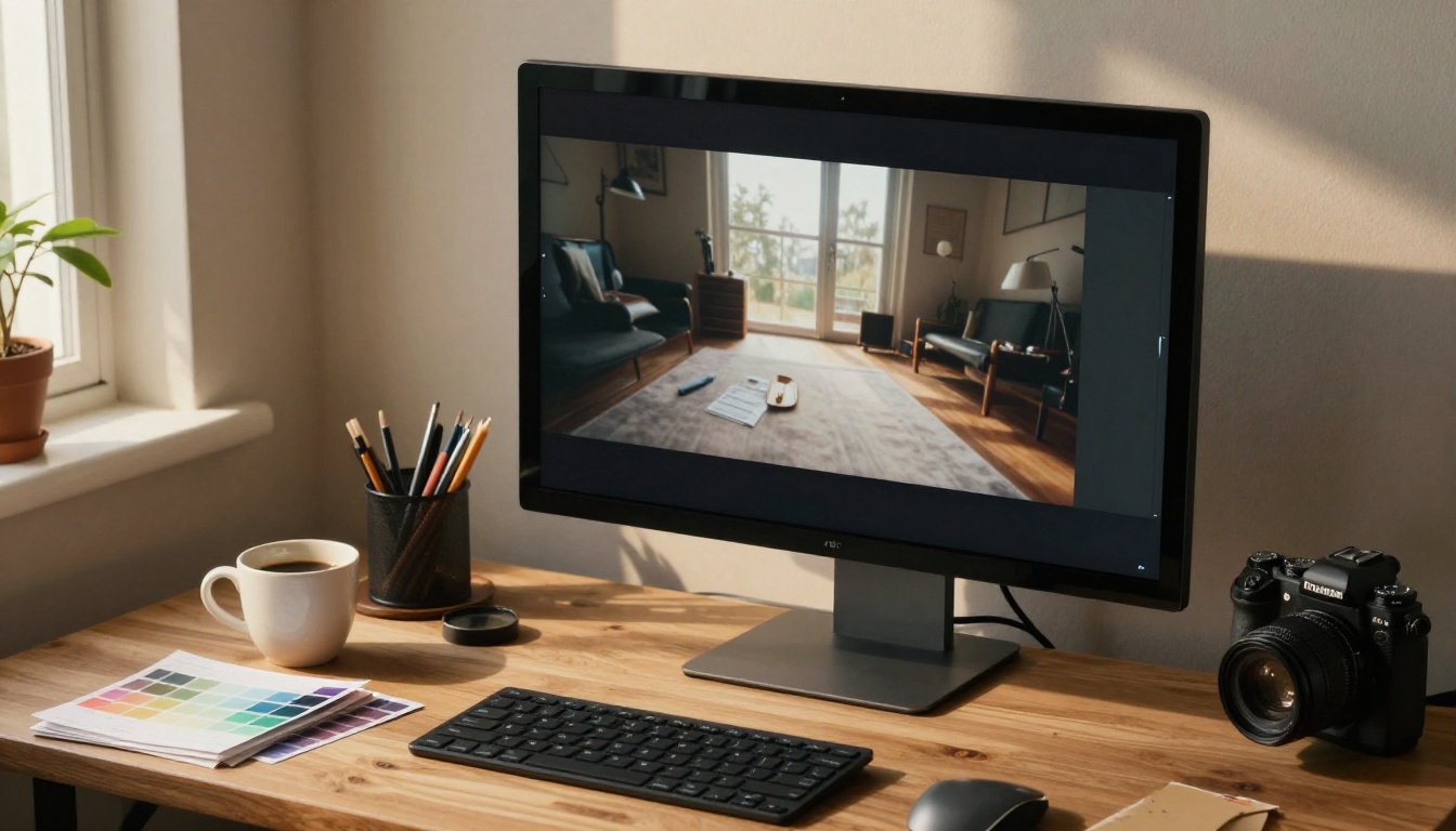 Split workspace showing a reference photograph pinned to a monitor beside a matching AI-generated video frame that closely replicates it Split workspace showing a reference photograph pinned to a monitor beside a matching AI-generated video frame that closely replicates it