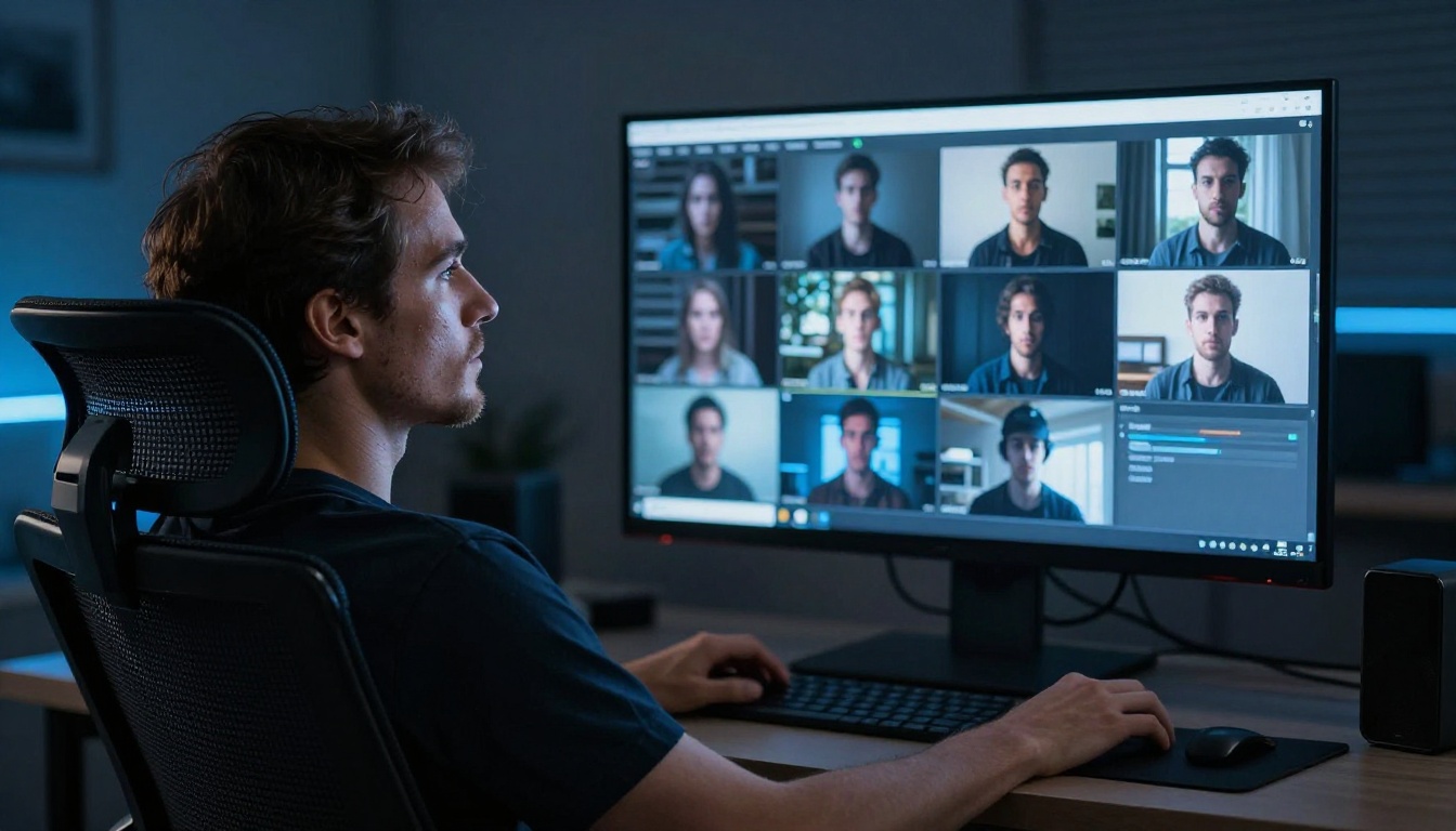 Video editor leaning back in an ergonomic chair reviewing multiple AI video iterations playing in a grid on a large 4K monitor Video editor leaning back in an ergonomic chair reviewing multiple AI video iterations playing in a grid on a large 4K monitor