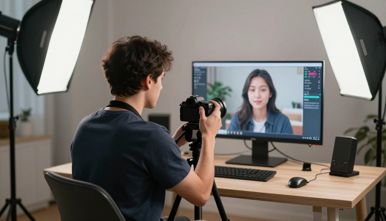 Content creator seated at a home studio filming themselves while monitoring AI-generated video output on a nearby screen Content creator seated at a home studio filming themselves while monitoring AI-generated video output on a nearby screen