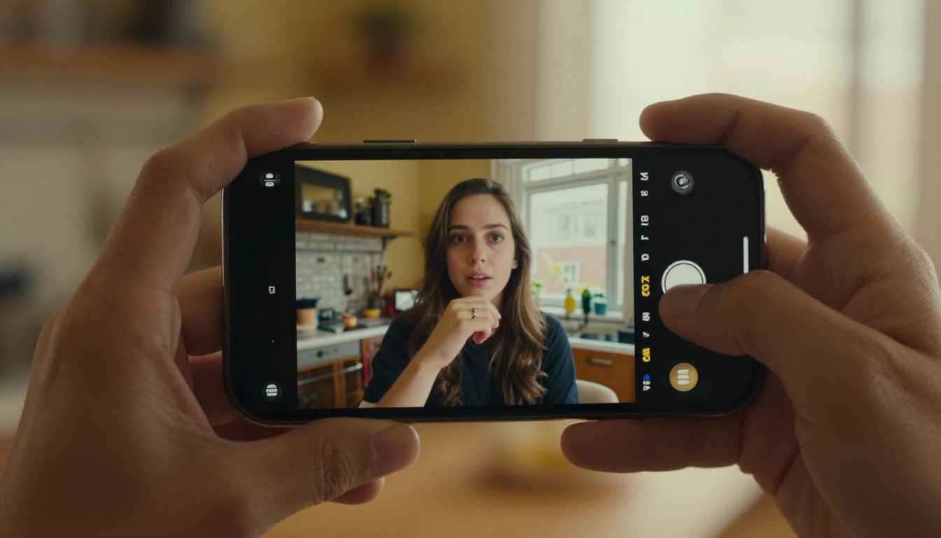 Hands holding a smartphone reviewing a short AI-generated video with warm afternoon kitchen light in the background Hands holding a smartphone reviewing a short AI-generated video with warm afternoon kitchen light in the background
