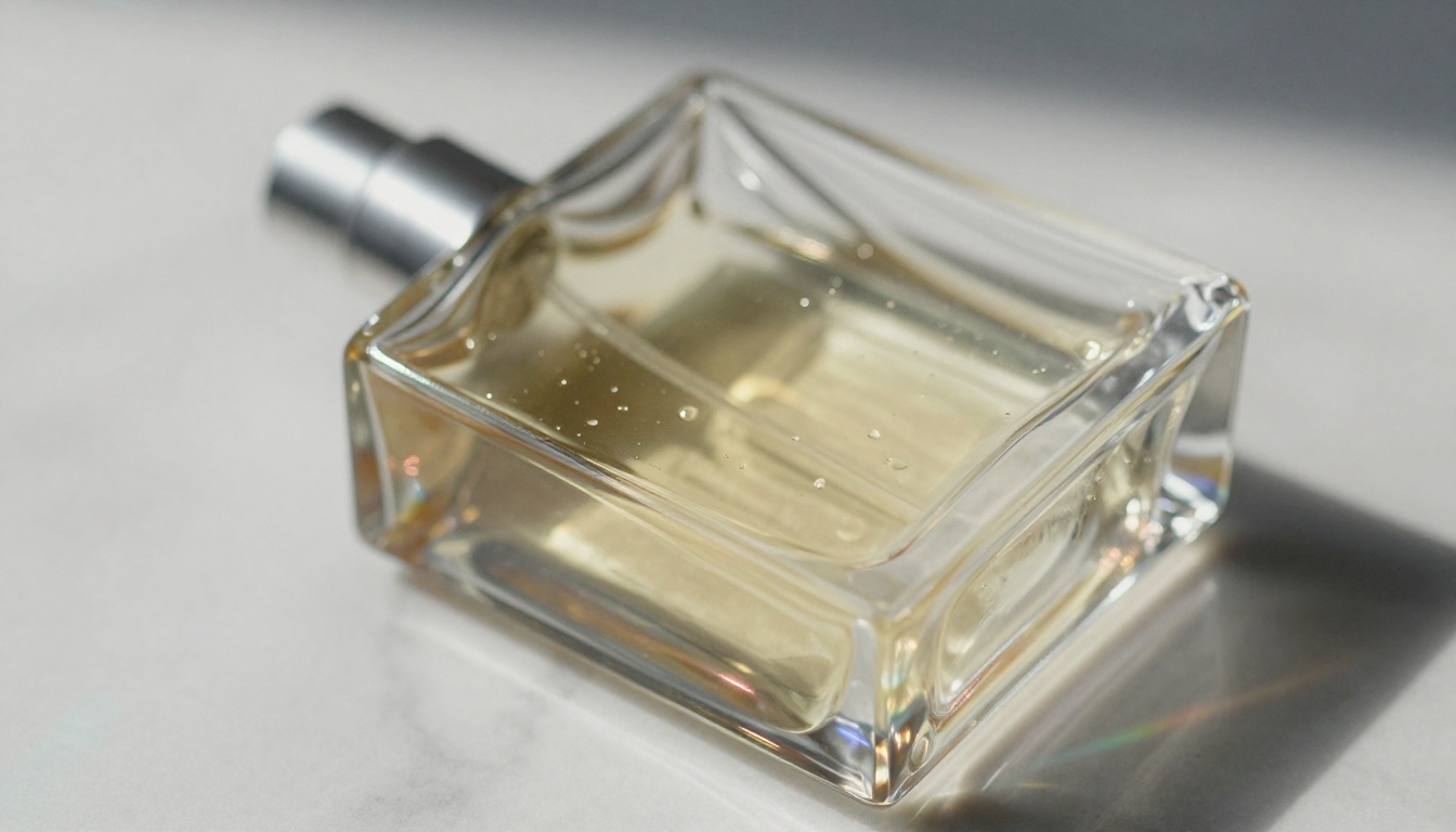 Close-up low-angle shot of a glass perfume bottle on white marble during a luxury beauty commercial shoot