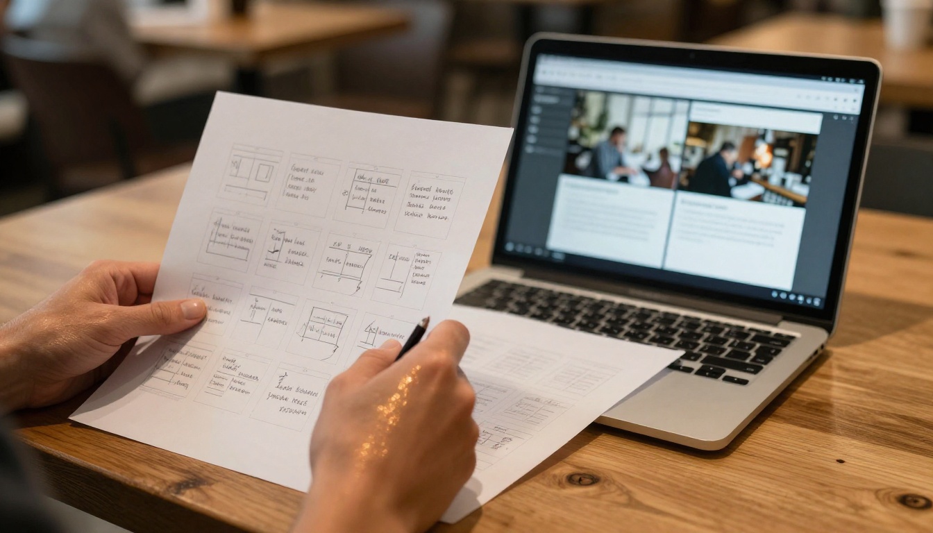 Professional reviewing printed storyboards alongside a laptop showing generated video frames in a warm coffee shop setting Professional reviewing printed storyboards alongside a laptop showing generated video frames in a warm coffee shop setting