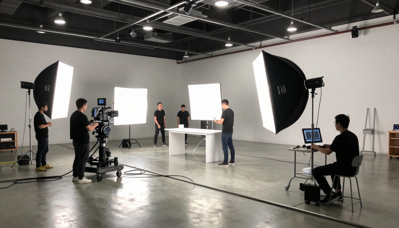 Wide aerial view of a commercial video production set with dolly track and lighting rigs
