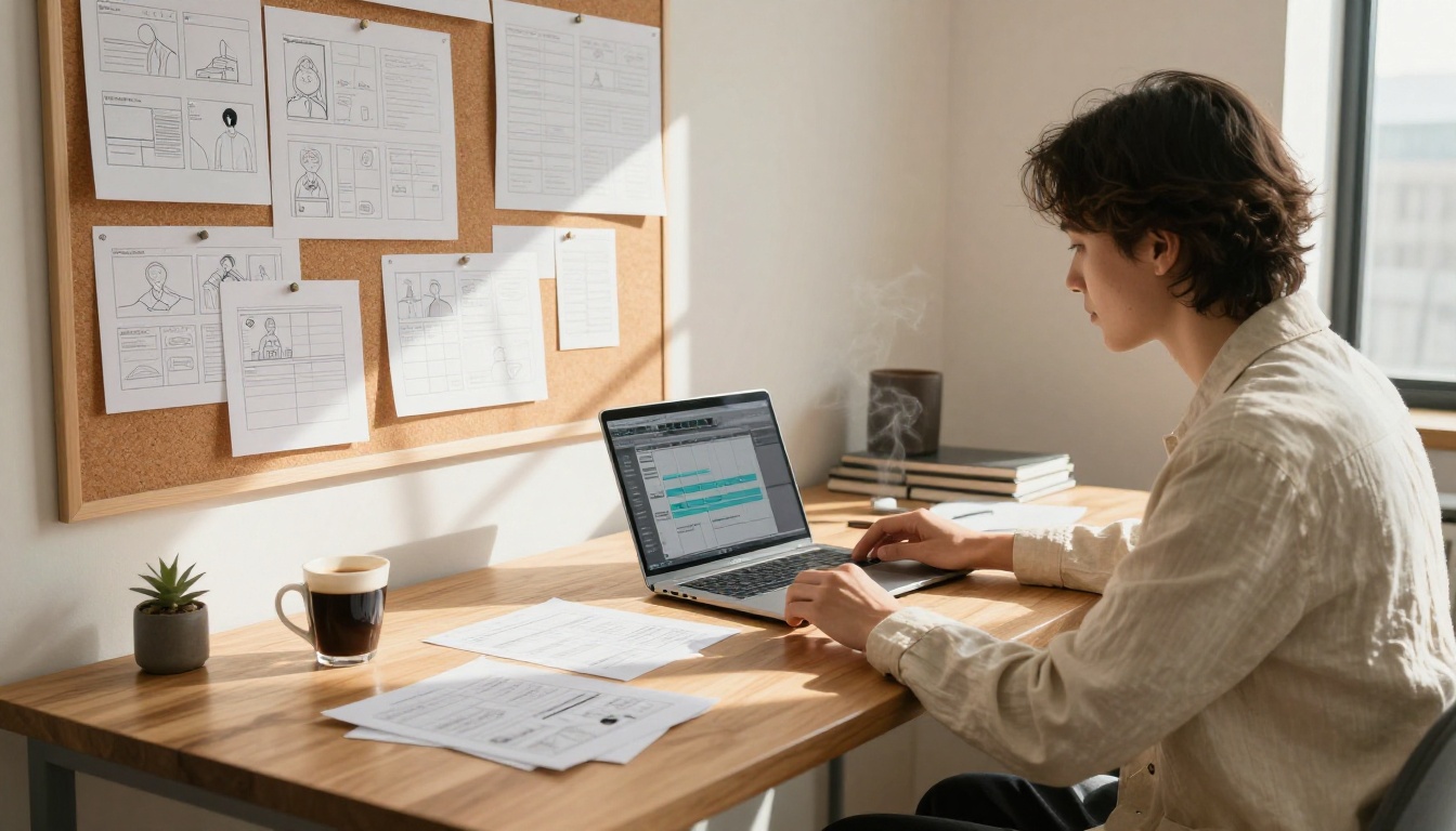 Marketing strategist at a wooden desk reviewing printed storyboard frames in a sunlit office