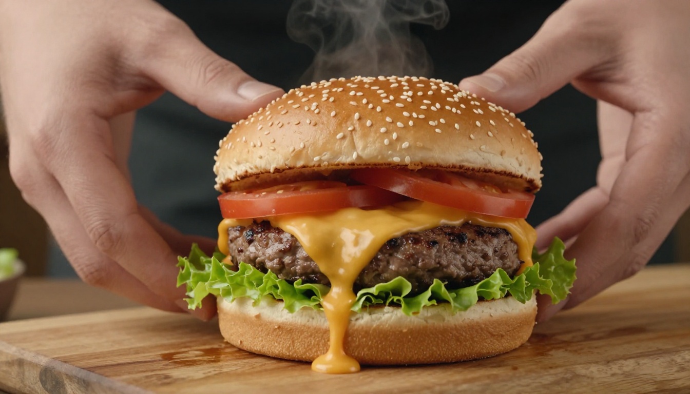 Overhead close-up of a gourmet burger being assembled on a wooden serving board for a food commercial