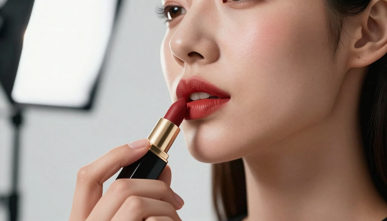 Close-up beauty ad shot of a woman applying lipstick with dramatic octabox lighting and edge highlights