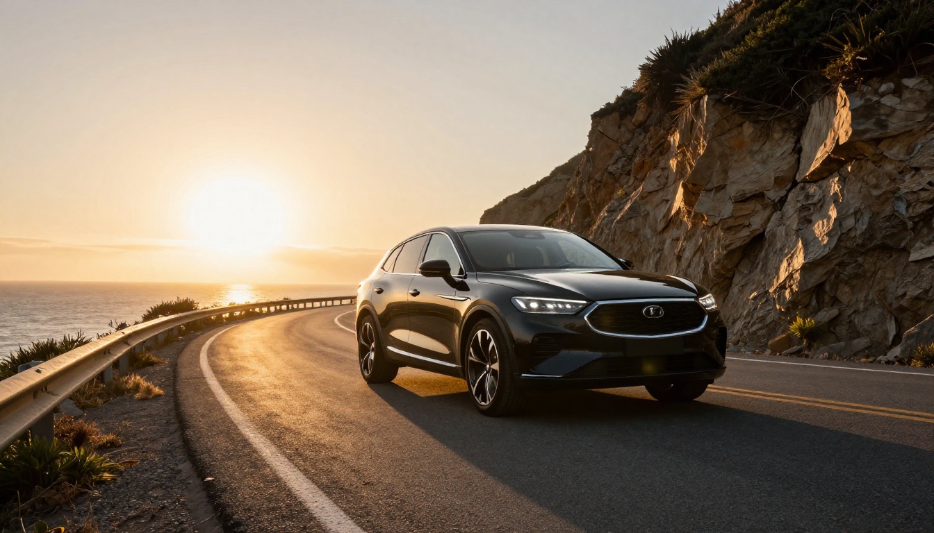 Wide low-angle shot of a sleek black luxury SUV on a winding coastal highway at golden hour