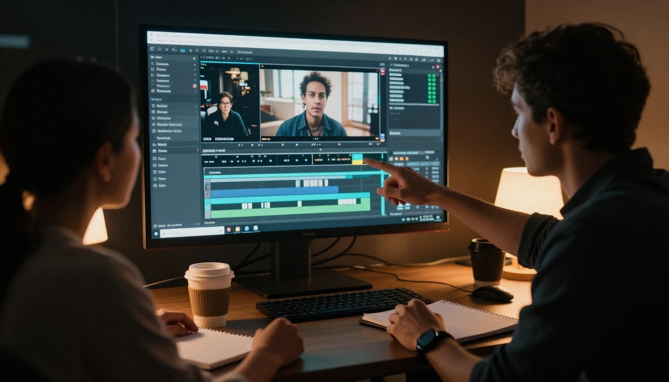 Three advertising creative professionals reviewing video timeline on a monitor in a dark post-production suite