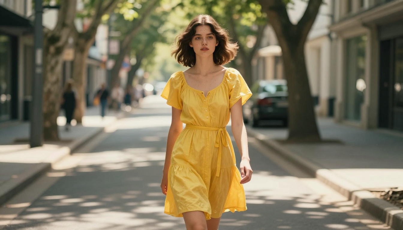 Cinematic wide shot of a young woman walking along a sunny urban street in a fashion commercial setting
