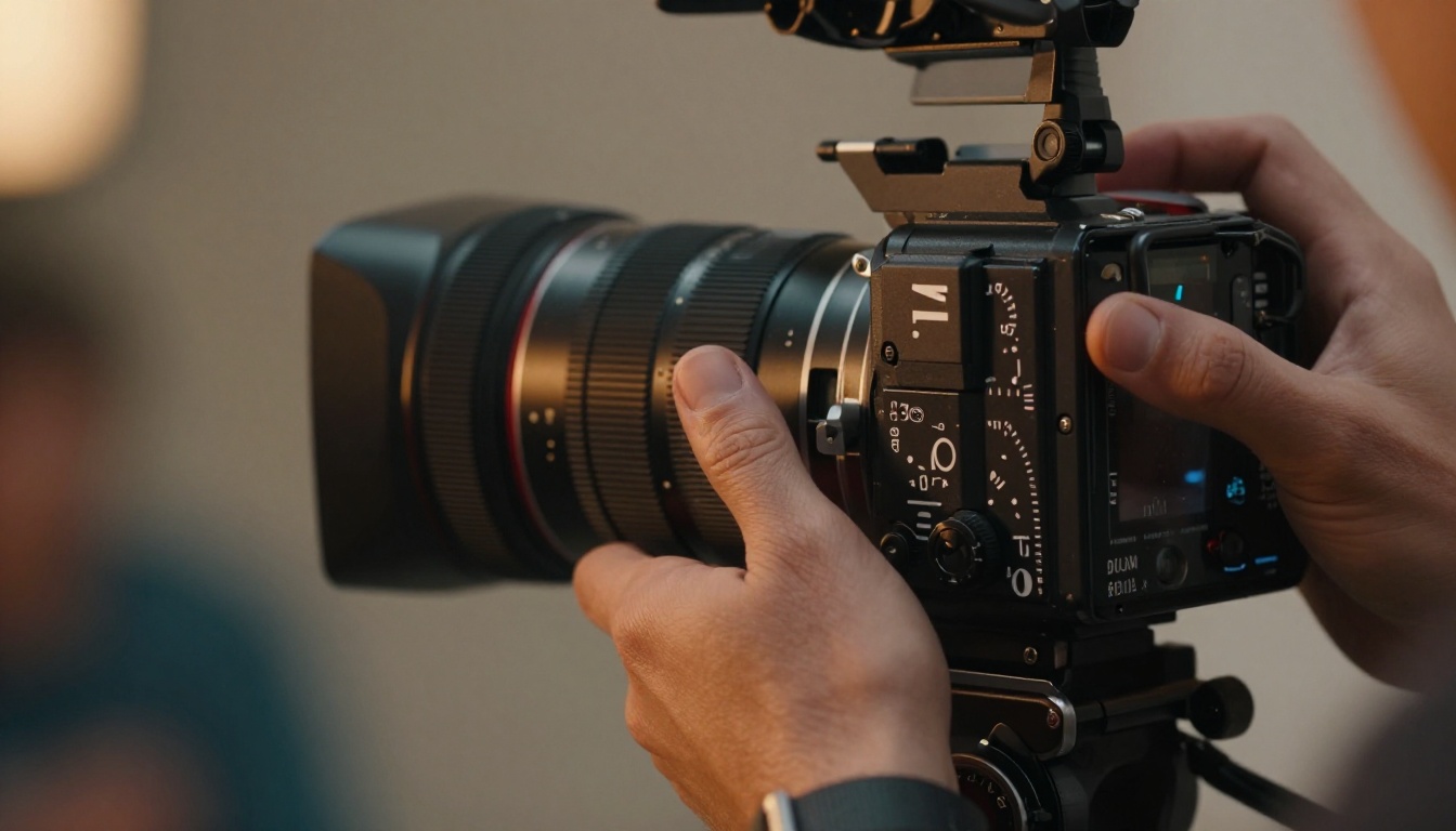 Tight close-up of a videographer's hands adjusting a cinema camera lens on a production set