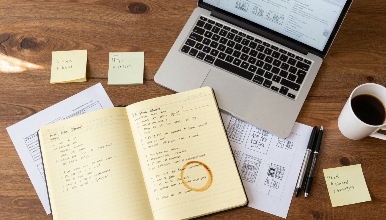 Aerial flat lay of a creative workspace with storyboards, budget notes, and laptop Aerial flat lay of a creative workspace with storyboards, budget notes, and laptop