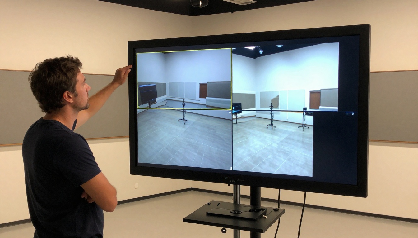 Professional filmmaker checking quality comparison on a large studio broadcast monitor Professional filmmaker checking quality comparison on a large studio broadcast monitor