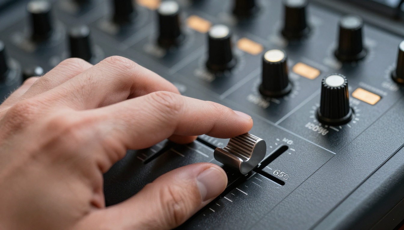 Extreme close-up of hand adjusting precision slider on professional video editing console