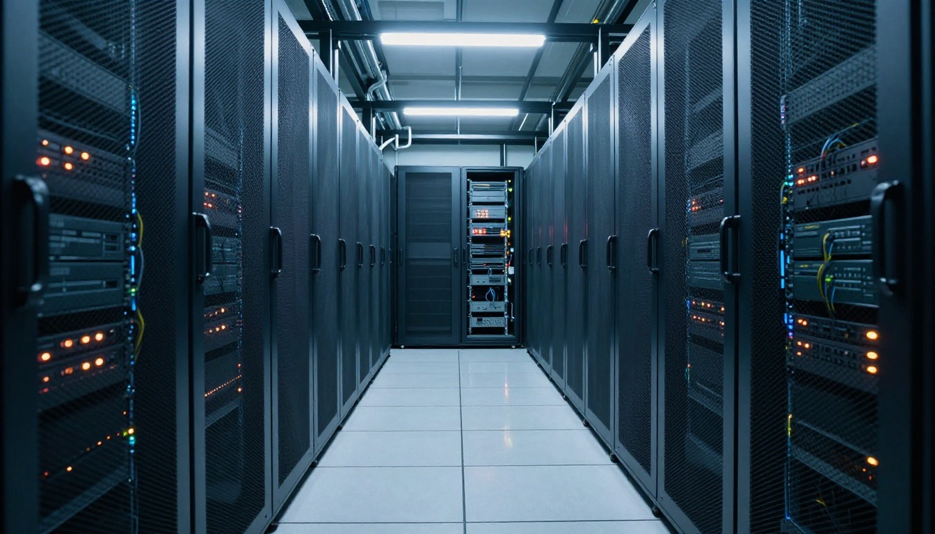 Modern AI compute data center with server racks in a wide corridor Modern AI compute data center with server racks in a wide corridor