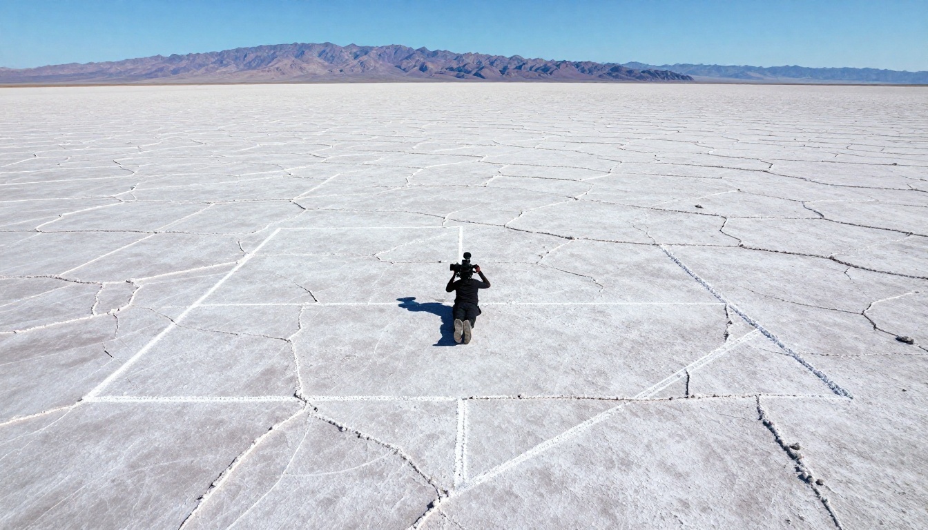 Aerial view directly above cinematographer on white salt flats with geometric aspect ratio chalk markings