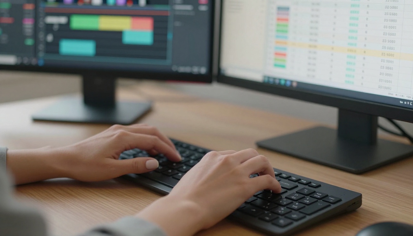 Close-up of hands typing at a dual-monitor workstation with video pricing displayed Close-up of hands typing at a dual-monitor workstation with video pricing displayed