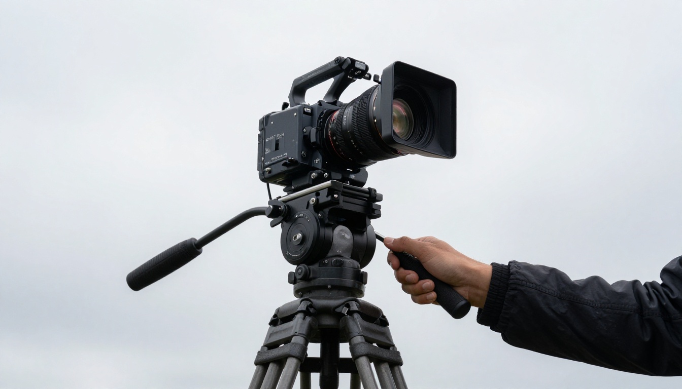 Cinematographer operating professional video camera from low angle against overcast sky