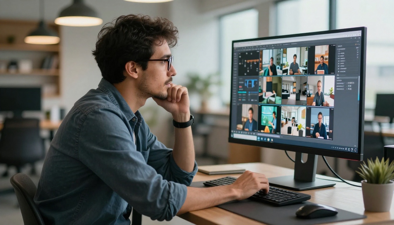 Creative professional at standing desk reviewing AI-generated video clips on widescreen monitor Creative professional at standing desk reviewing AI-generated video clips on widescreen monitor