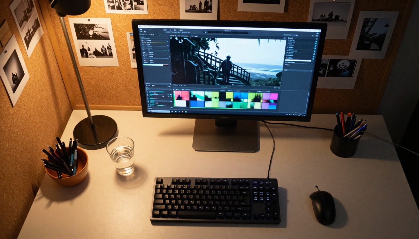 Aerial view of a film editor's desk with a render progress bar visible on the monitor Aerial view of a film editor's desk with a render progress bar visible on the monitor