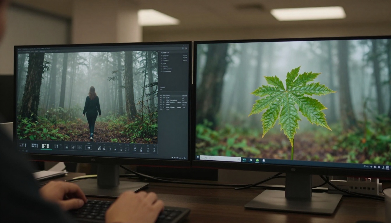 Two monitors side by side comparing low resolution versus high resolution video frame of forest scene
