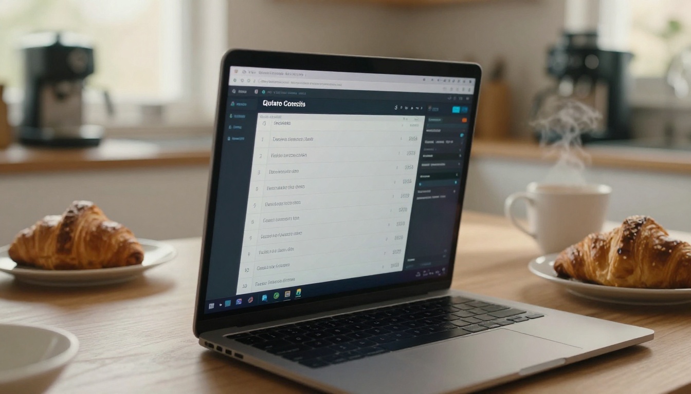 Laptop on a kitchen counter showing an AI video generation queue with cost per job listed Laptop on a kitchen counter showing an AI video generation queue with cost per job listed