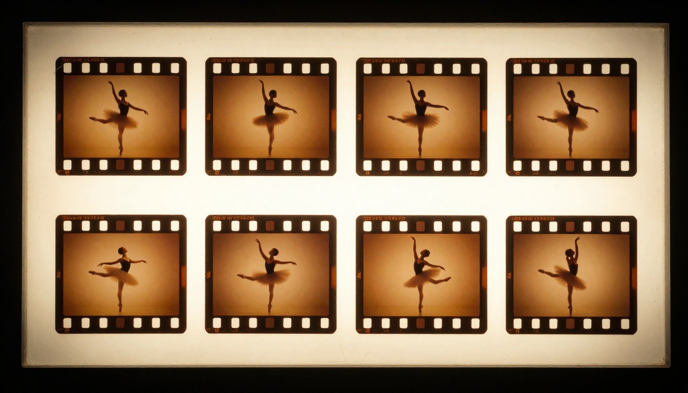 Sequential 35mm film strip frames on warm light table showing ballet dancer motion across eight frames